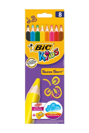 Bic Supersoft 8 Renk Jumbo Kuru Boya + Jumbo Kalemtraş