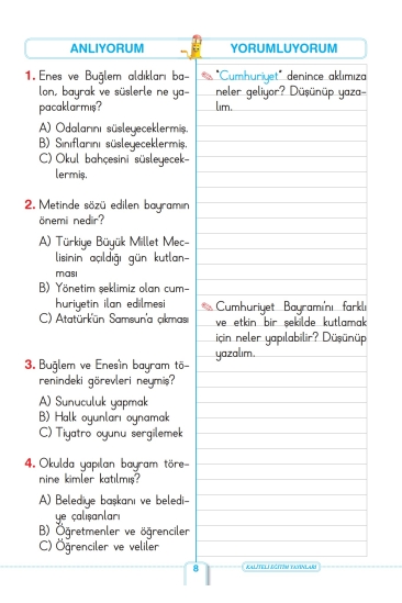 Key Kaliteli Eğitim Yayınları 2. Sınıf Keyifle Okuyorum Anlıyorum (Erdemler Ve Milli Kültür)