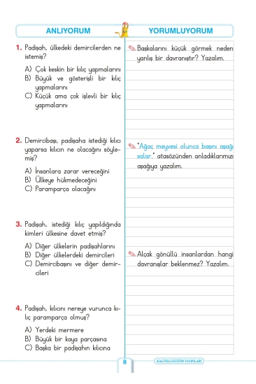 Key Kaliteli Eğitim Yayınları 3. Sınıf Keyifle Okuyorum Anlıyorum (Erdemler ve Milli Kültür)